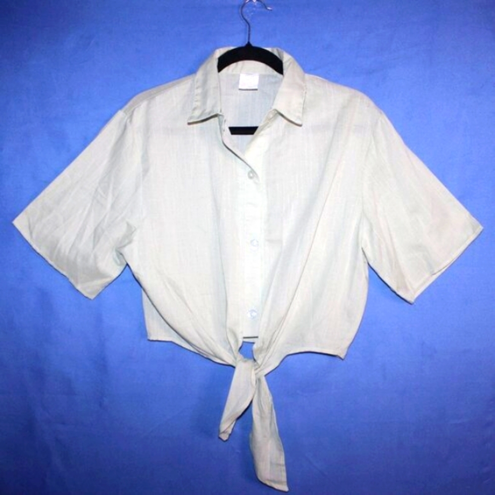 Vintage Tie Front Button Down Shirt Green Large